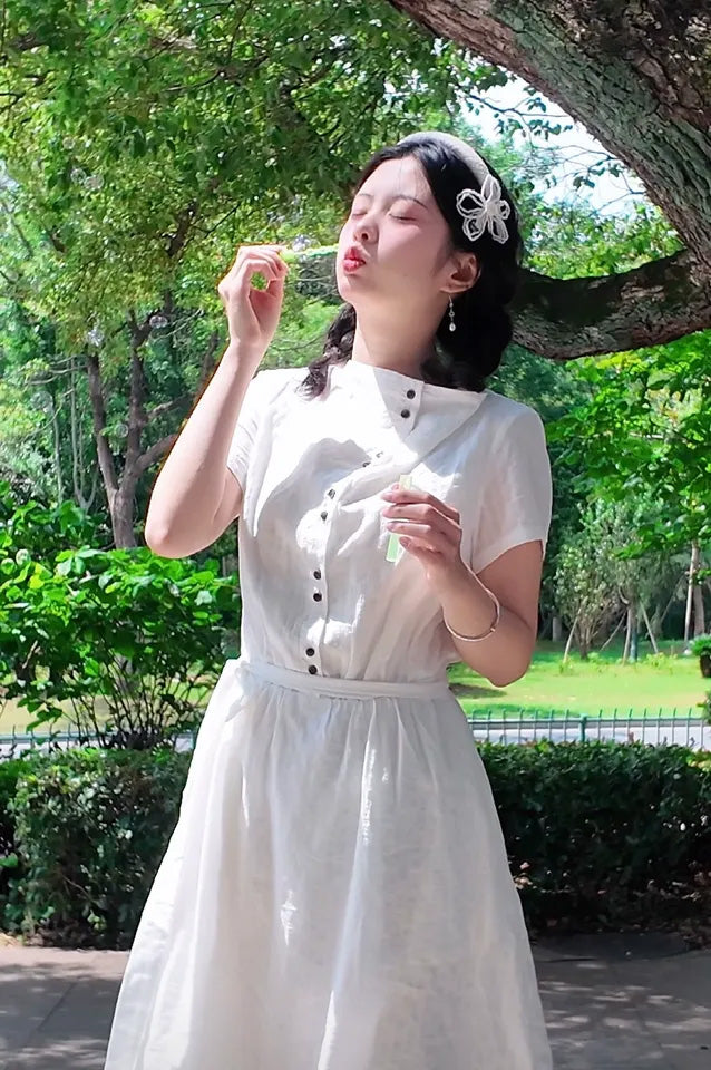 SHEVOV customer look featuring Ivory A-Line Long Dress with Button Placket and Tie Belt