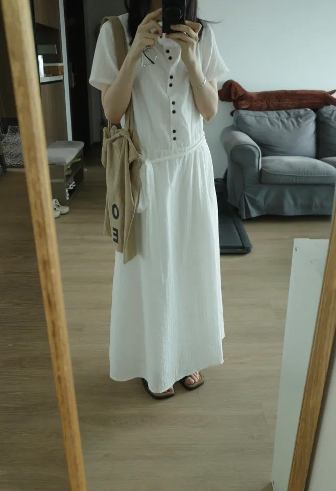 SHEVOV customer look featuring Ivory A-Line Long Dress with Button Placket and Tie Belt