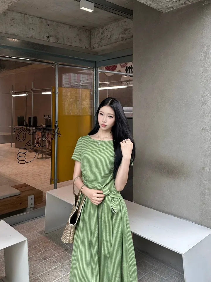 SHEVOV customer look featuring A-Line Boat Neck Dress With Tie Belt And Vertical Stripes