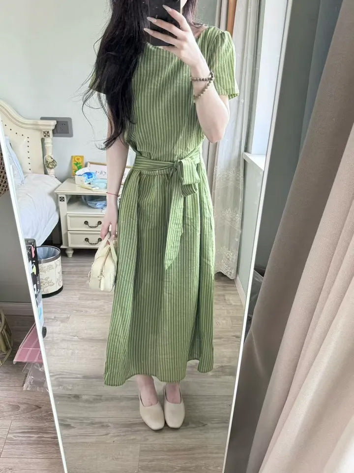 SHEVOV customer look featuring A-Line Boat Neck Dress With Tie Belt And Vertical Stripes