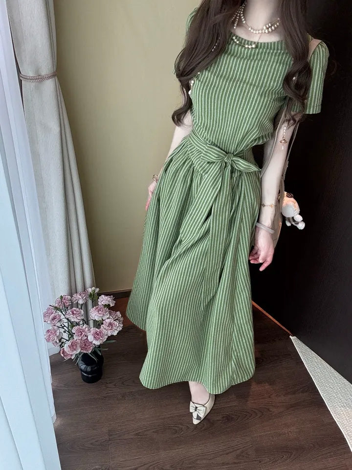 SHEVOV customer look featuring A-Line Boat Neck Dress With Tie Belt And Vertical Stripes