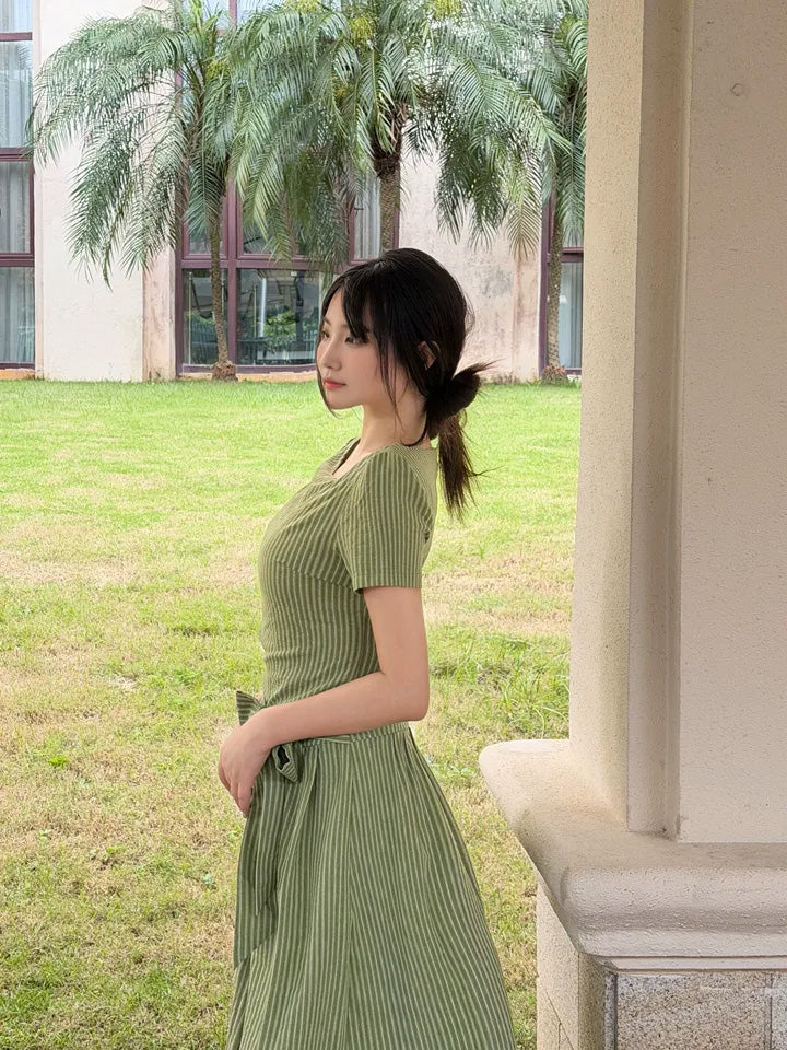 SHEVOV customer look featuring A-Line Boat Neck Dress With Tie Belt And Vertical Stripes