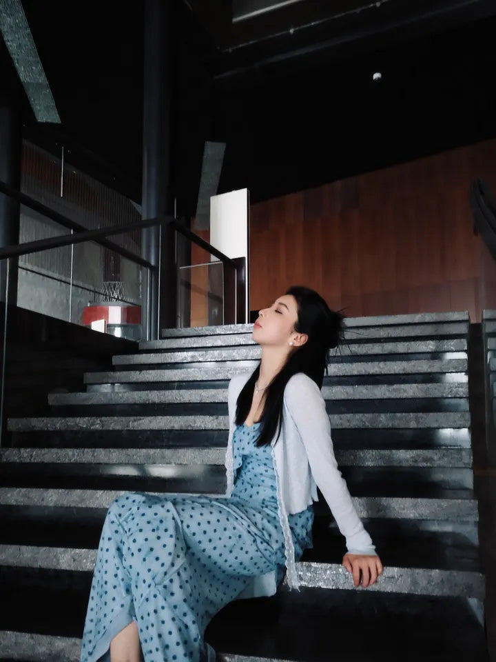 SHEVOV customer look featuring Blue Polka Dot V-Neck Long Slip Dress