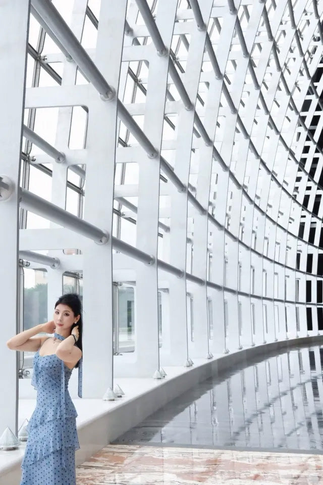 SHEVOV customer look featuring Blue Polka Dot V-Neck Long Slip Dress