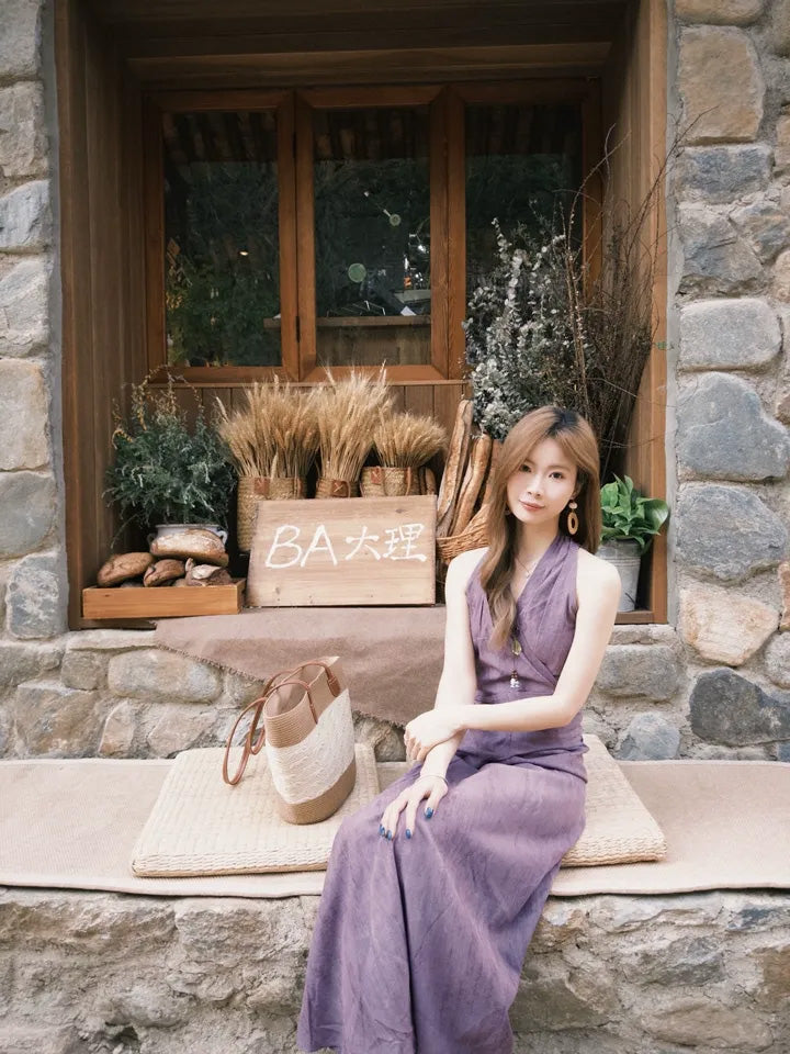 SHEVOV customer look featuring Purple Fit-and-Flare Maxi Dress with Wrap Front