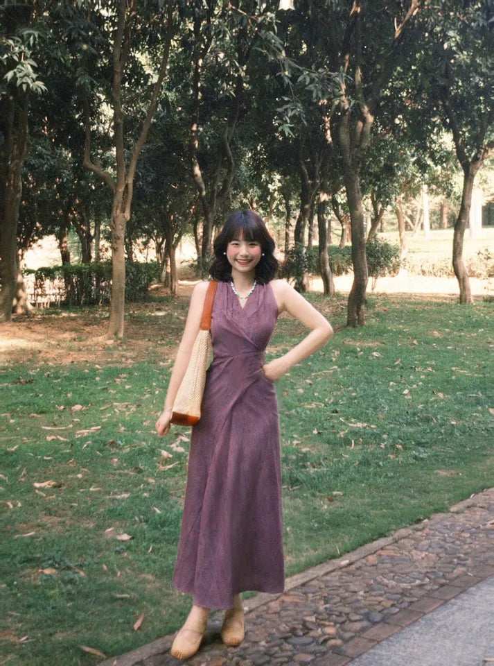 SHEVOV customer look featuring Purple Fit-and-Flare Maxi Dress with Wrap Front