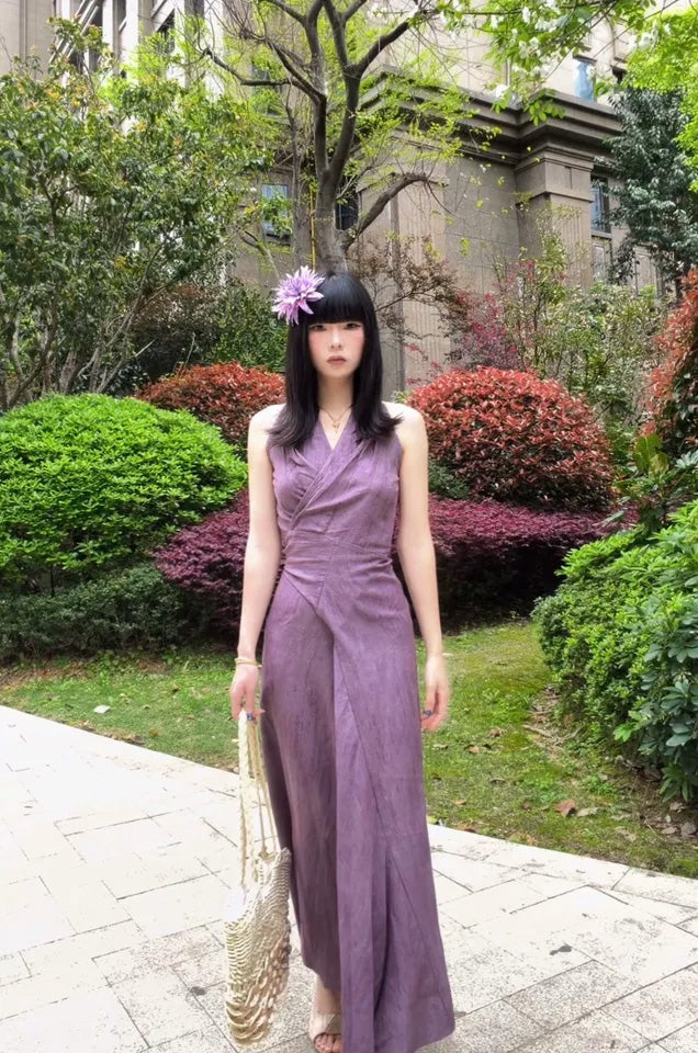 SHEVOV customer look featuring Purple Fit-and-Flare Maxi Dress with Wrap Front