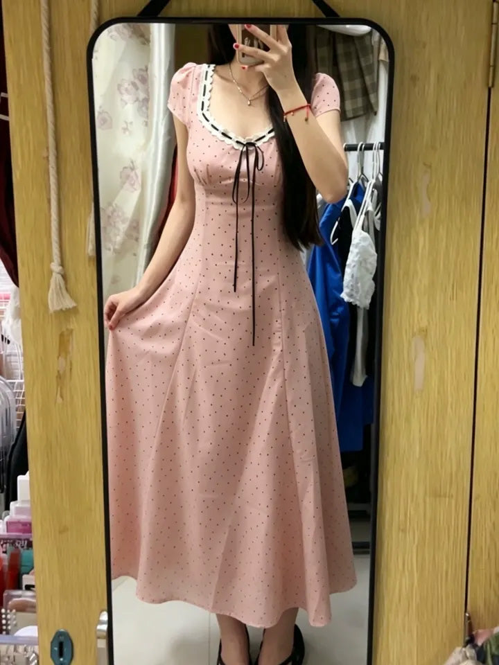SHEVOV customer look featuring A-Line Polka Dot Dress with Flutter Sleeves and Lace Trim