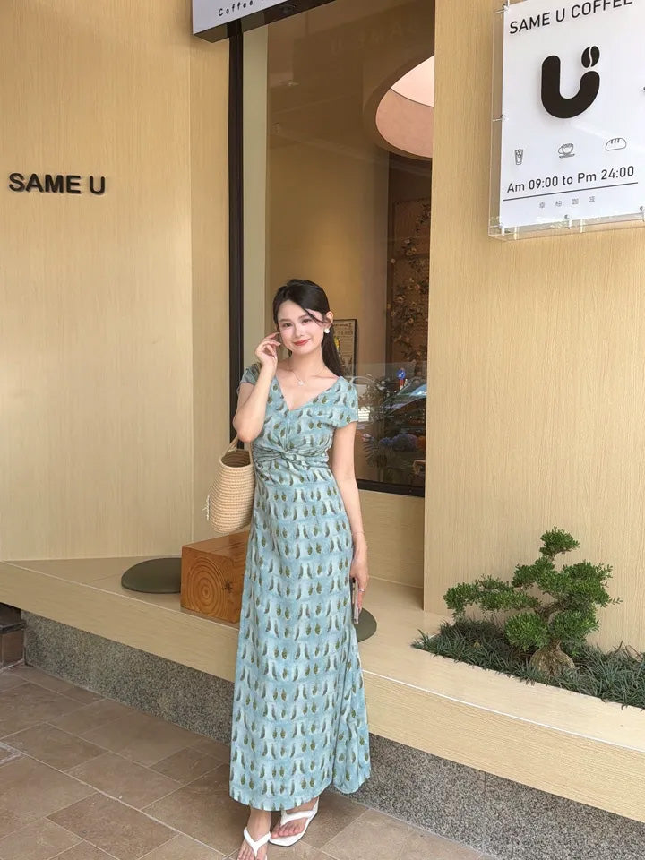 SHEVOV customer look featuring Long Fishtail Dress with Twisted Knot Palm Print
