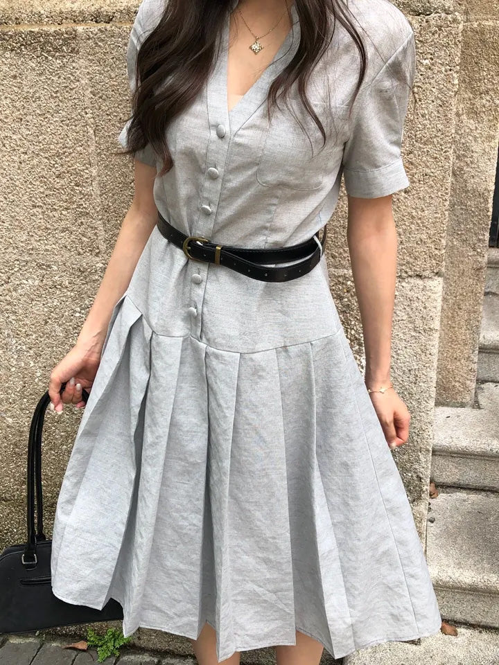 SHEVOV customer look featuring Grey A-Line Midi Dress with Belt and Pleated Skirt