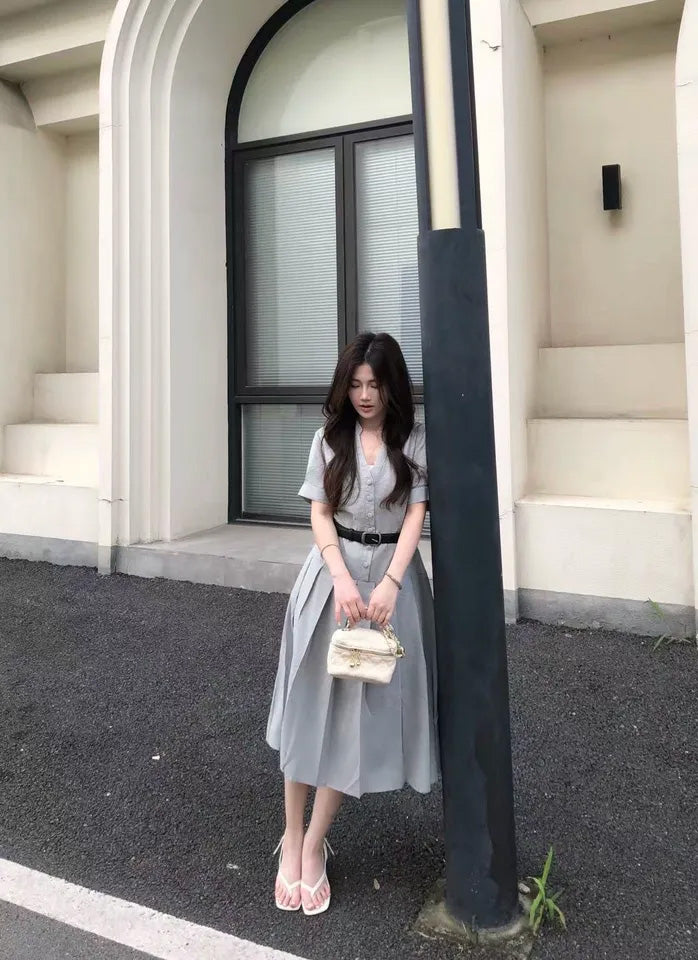 SHEVOV customer look featuring Grey A-Line Midi Dress with Belt and Pleated Skirt