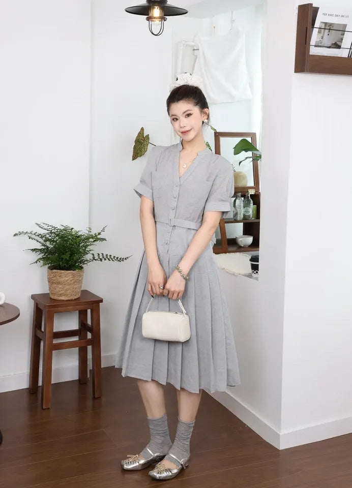 SHEVOV customer look featuring Grey A-Line Midi Dress with Belt and Pleated Skirt