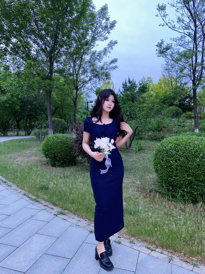 SHEVOV customer look featuring Fitted Long Navy Blue Dress with Square Neckline | SHEVOV