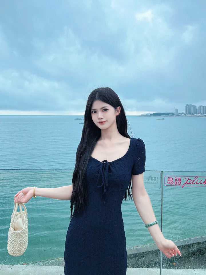 SHEVOV customer look featuring Fitted Long Navy Blue Dress with Square Neckline | SHEVOV