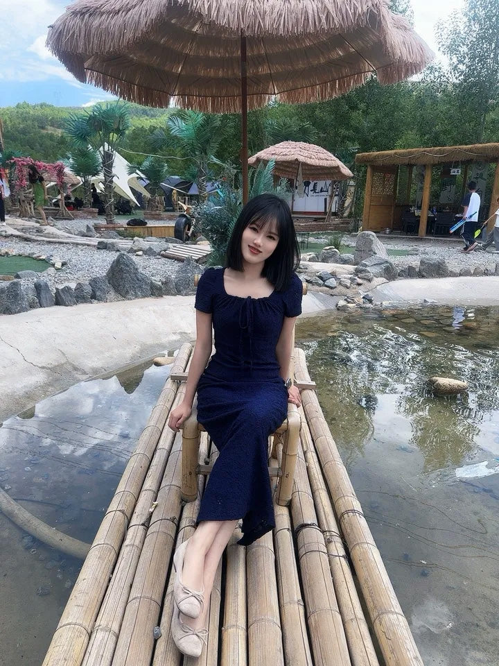 SHEVOV customer look featuring Fitted Long Navy Blue Dress with Square Neckline | SHEVOV