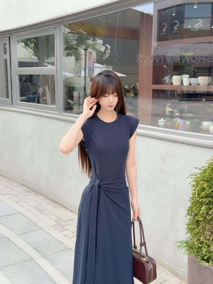 SHEVOV customer look featuring Navy Blue Long A-Line Dress with Waist Tie and Pleats