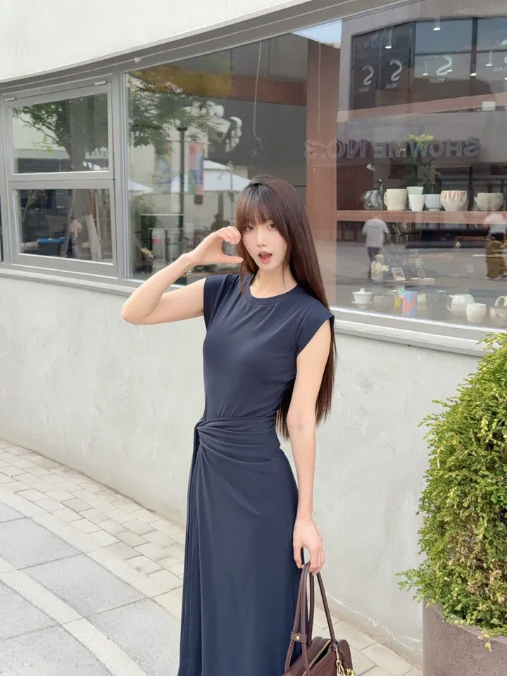 SHEVOV customer look featuring Navy Blue Long A-Line Dress with Waist Tie and Pleats