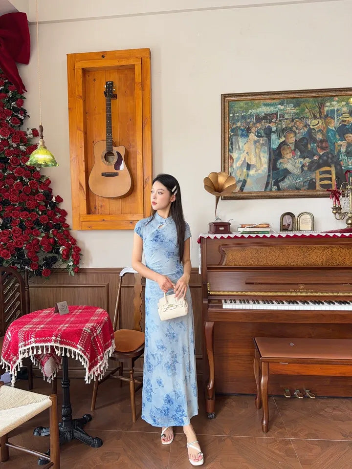 SHEVOV customer look featuring Light Blue Floral Fitted Dress with Mandarin Collar and Pearl Buttons