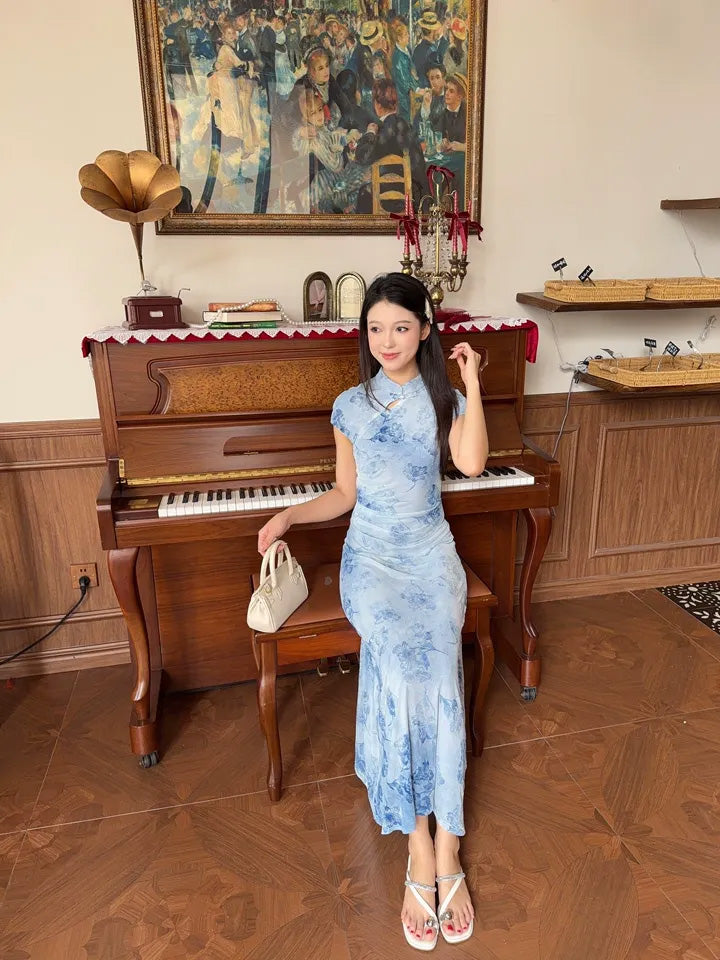 SHEVOV customer look featuring Light Blue Floral Fitted Dress with Mandarin Collar and Pearl Buttons