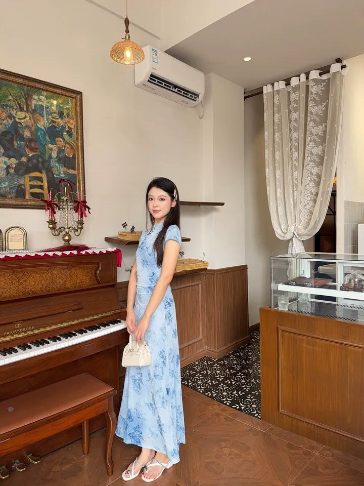 SHEVOV customer look featuring Light Blue Floral Fitted Dress with Mandarin Collar and Pearl Buttons