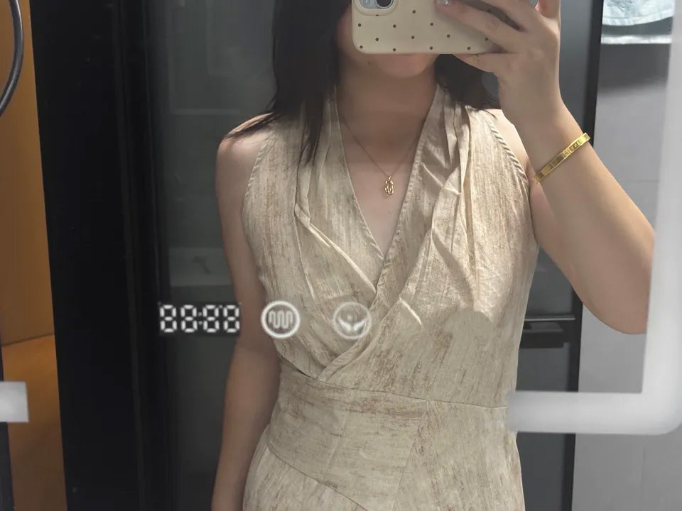 SHEVOV customer look featuring Apricot V-Neck Tie-Waist Asymmetrical Wrap Dress