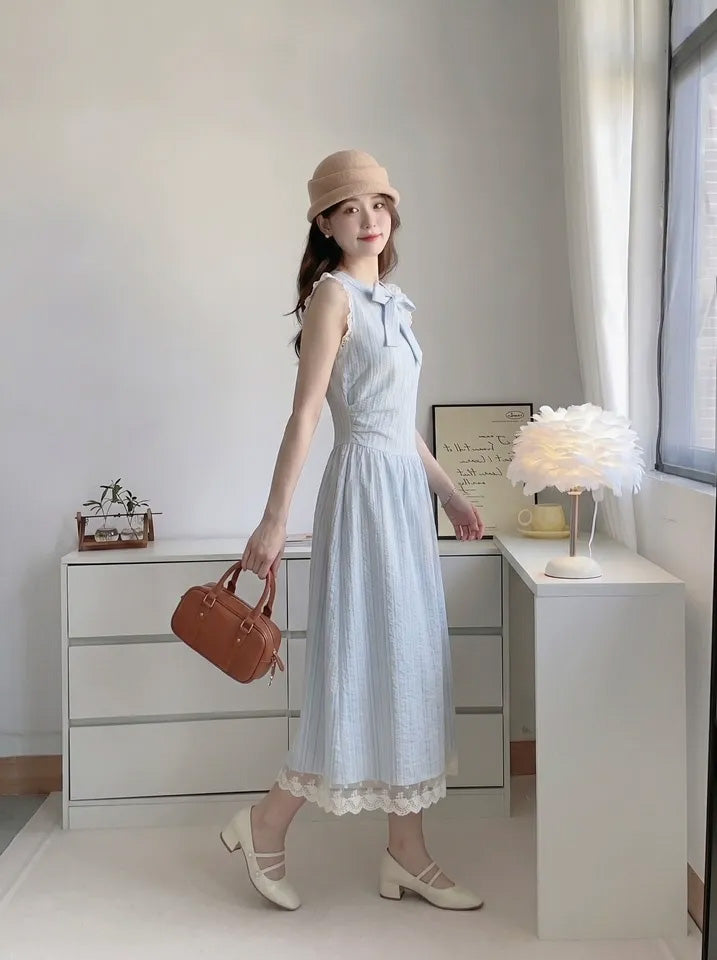 SHEVOV customer look featuring Light Blue Midi A-Line Dress with Bow Neck and Lace Trim