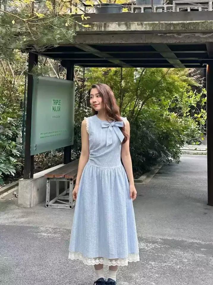 SHEVOV customer look featuring Light Blue Midi A-Line Dress with Bow Neck and Lace Trim