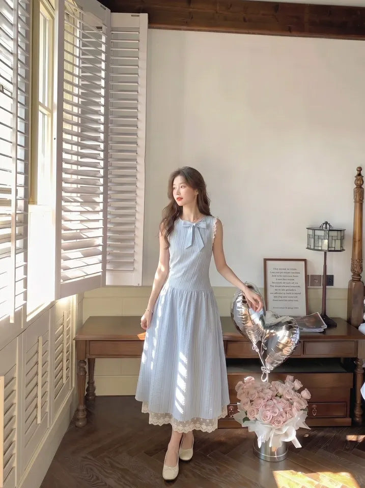 SHEVOV customer look featuring Light Blue Midi A-Line Dress with Bow Neck and Lace Trim