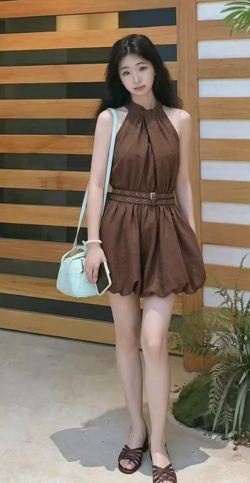 SHEVOV customer look featuring Brown Short A-Line Halter Neck Sleeveless Dress with Belt