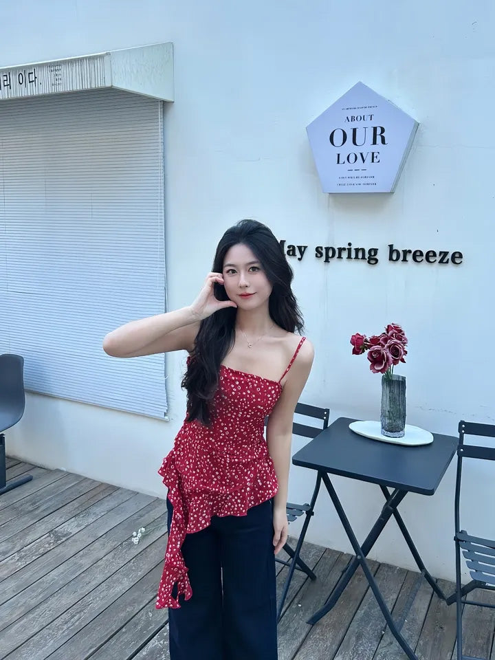 SHEVOV customer look featuring Red Floral Tank Top with Square Neck Ruched Peplum Waist