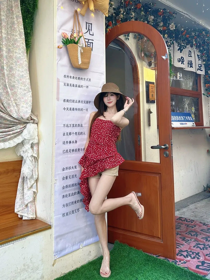 SHEVOV customer look featuring Red Floral Tank Top with Square Neck Ruched Peplum Waist