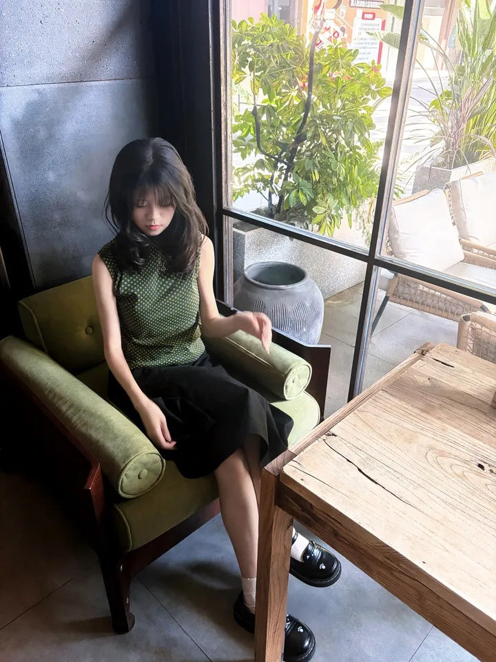 SHEVOV customer look featuring Green Polka Dot Fitted Tank Top, Short High Neck Sleeveless