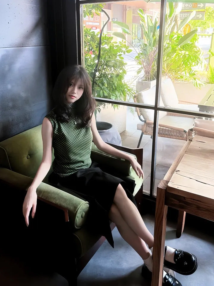 SHEVOV customer look featuring Green Polka Dot Fitted Tank Top, Short High Neck Sleeveless