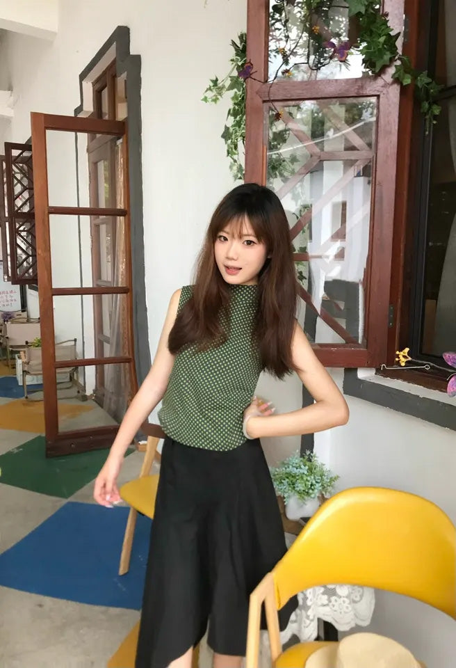 SHEVOV customer look featuring Green Polka Dot Fitted Tank Top, Short High Neck Sleeveless