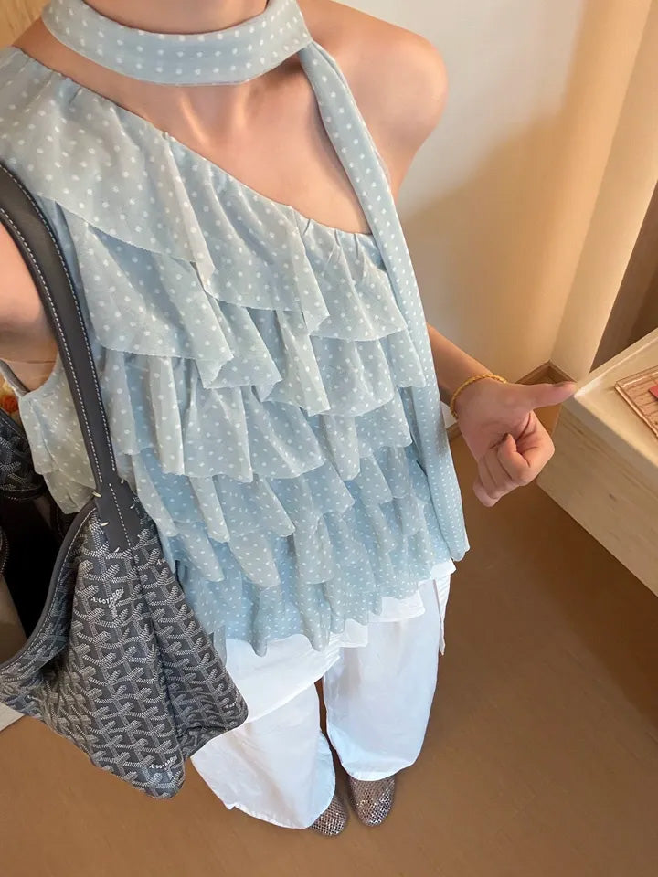 SHEVOV customer look featuring Light Blue Asymmetric Halter Top with Layered Front Ruffles