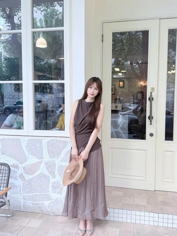 SHEVOV customer look featuring Brown Sleeveless Tank Top With High Neck And Asymmetric Hem