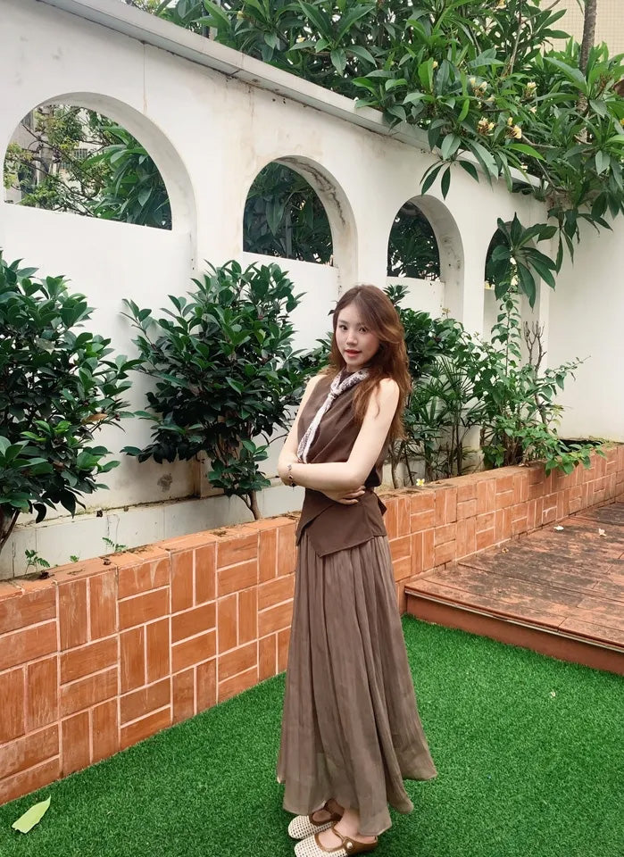 SHEVOV customer look featuring Brown Sleeveless Tank Top With High Neck And Asymmetric Hem