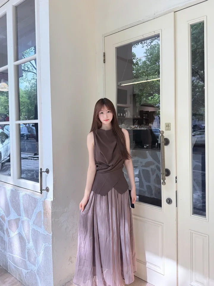 SHEVOV customer look featuring Brown Sleeveless Tank Top With High Neck And Asymmetric Hem
