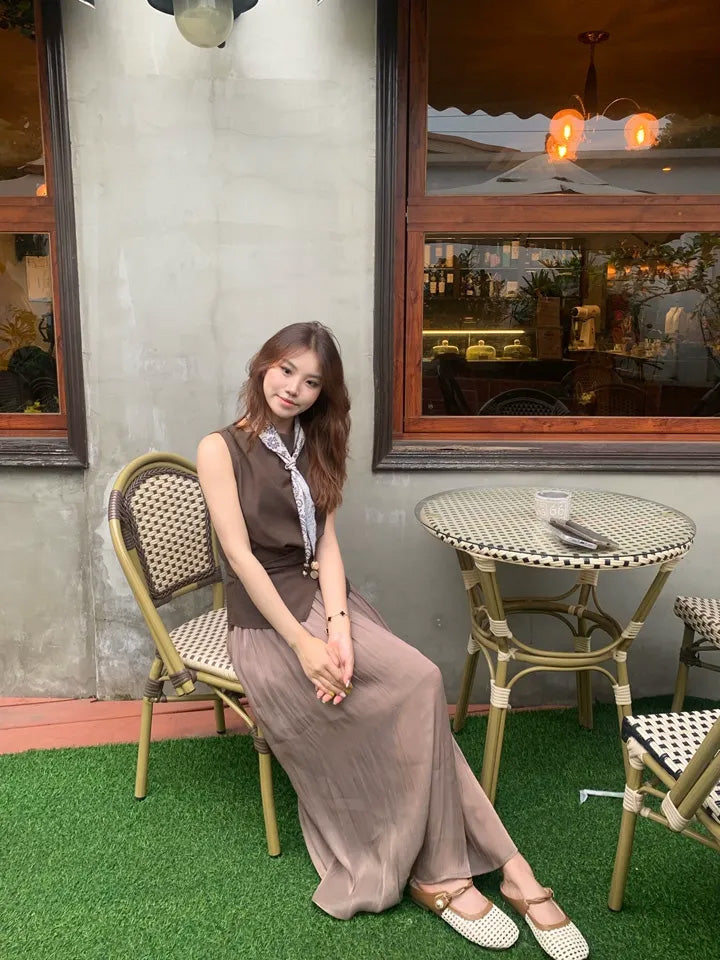 SHEVOV customer look featuring Brown Sleeveless Tank Top With High Neck And Asymmetric Hem