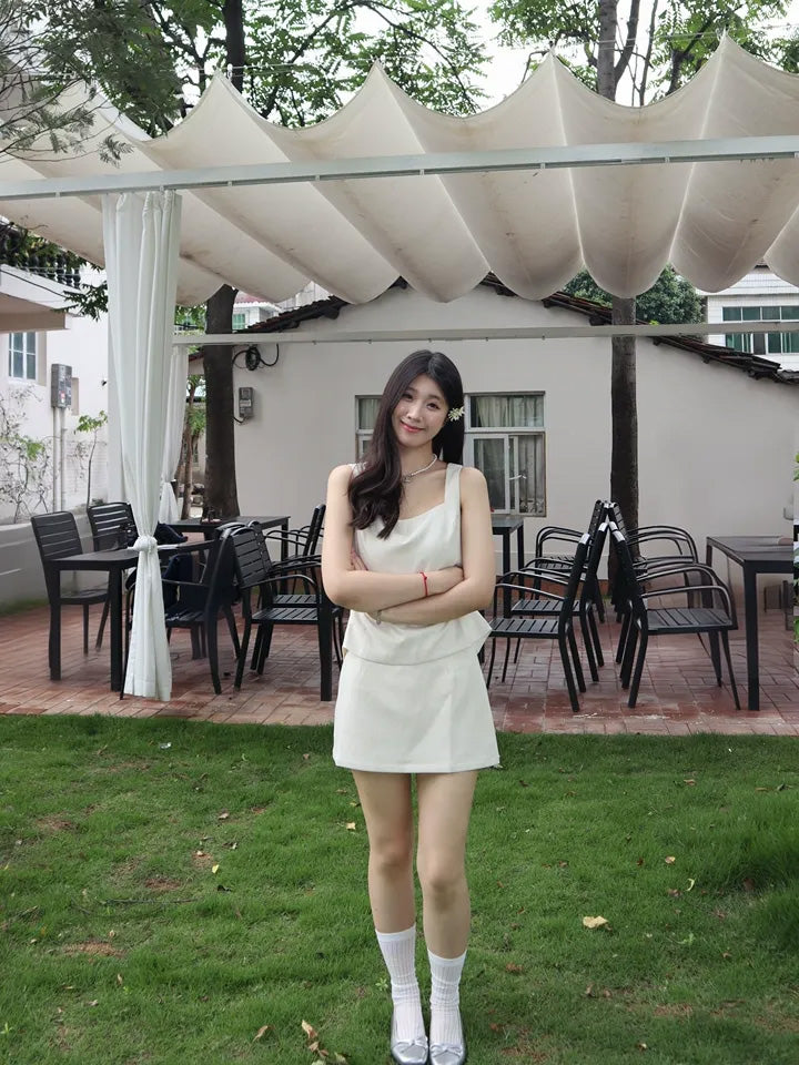 SHEVOV customer look featuring Ivory Short A-Line Tank Top With Square Neck And Open Back
