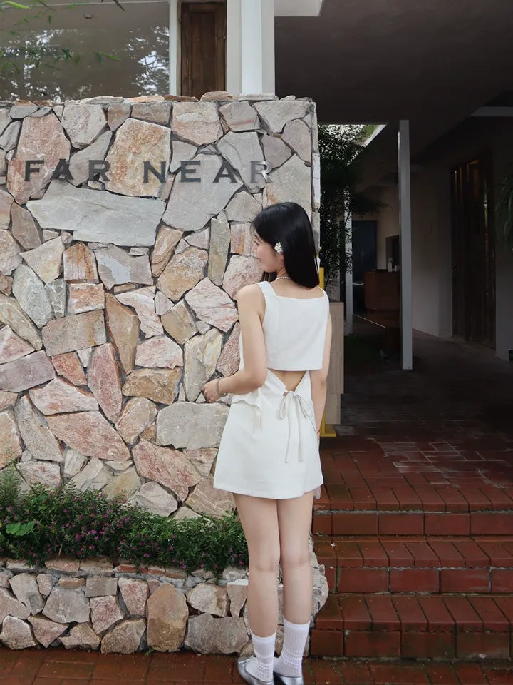 SHEVOV customer look featuring Ivory Short A-Line Tank Top With Square Neck And Open Back