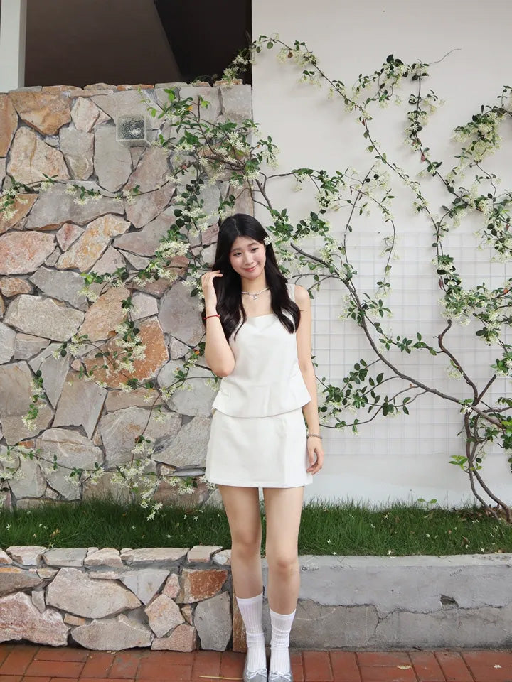 SHEVOV customer look featuring Ivory Short A-Line Tank Top With Square Neck And Open Back