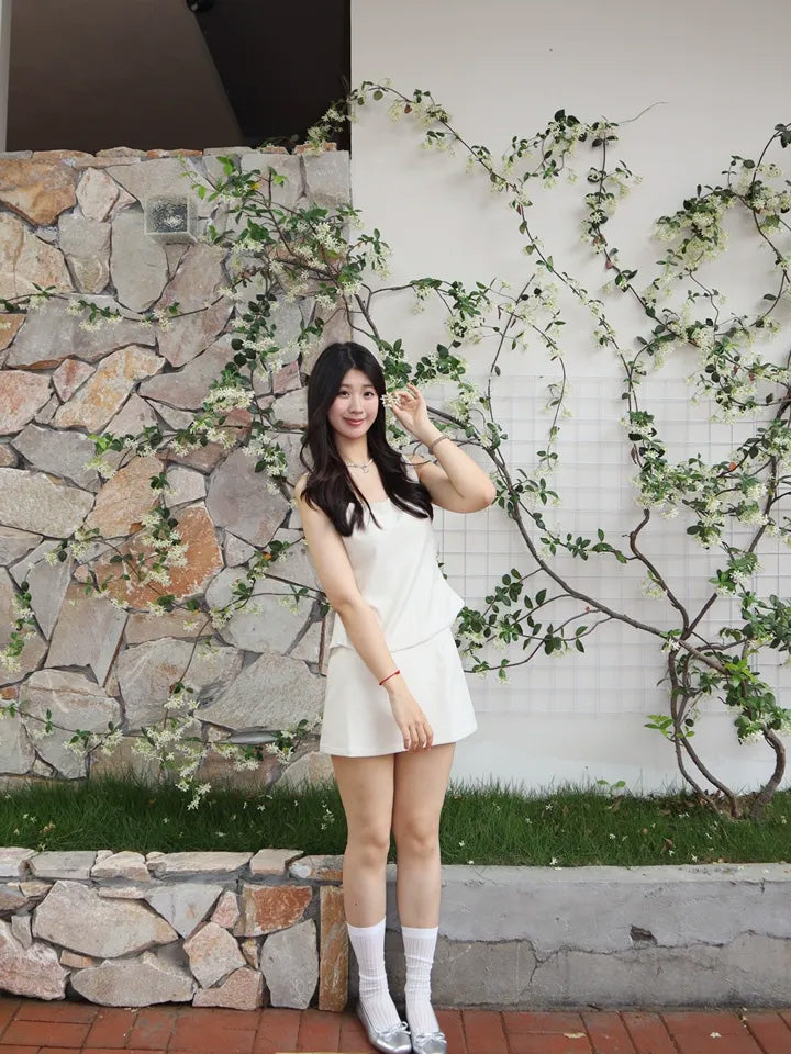 SHEVOV customer look featuring Ivory Short A-Line Tank Top With Square Neck And Open Back