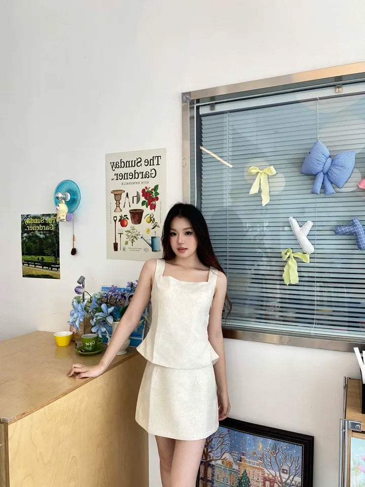 SHEVOV customer look featuring Ivory Short A-Line Tank Top With Square Neck And Open Back