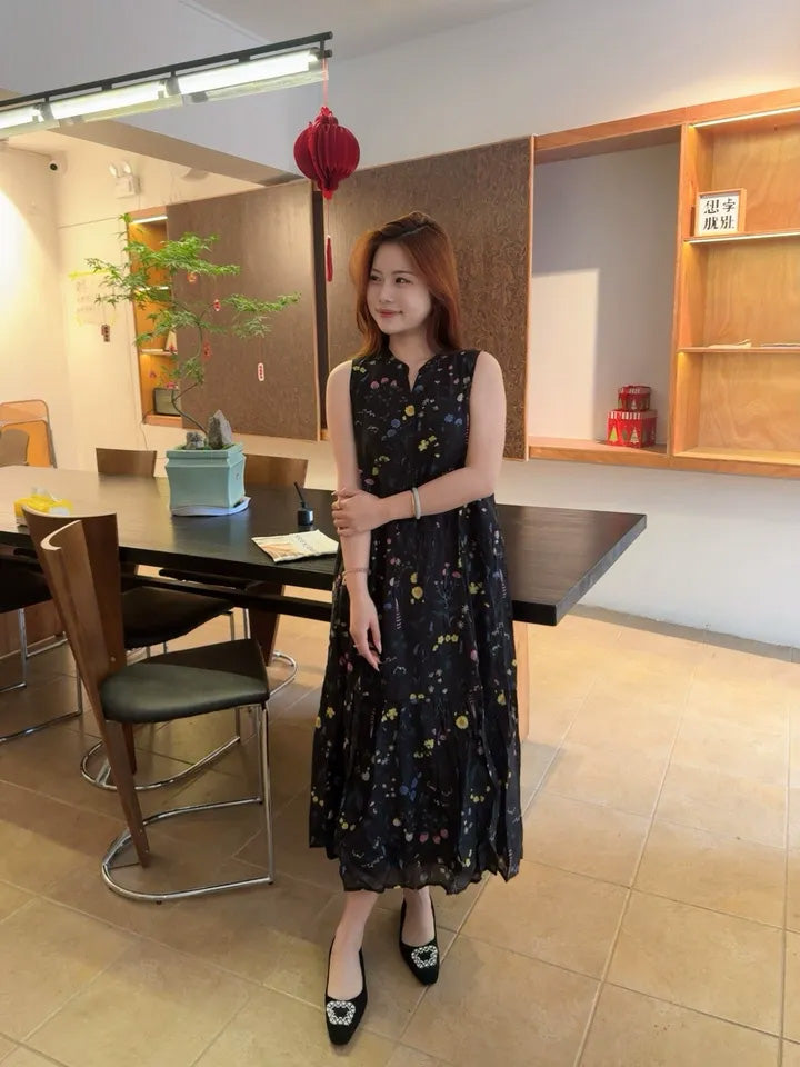 SHEVOV customer look featuring Black Midi Tiered V-Neck Sleeveless Floral Dress