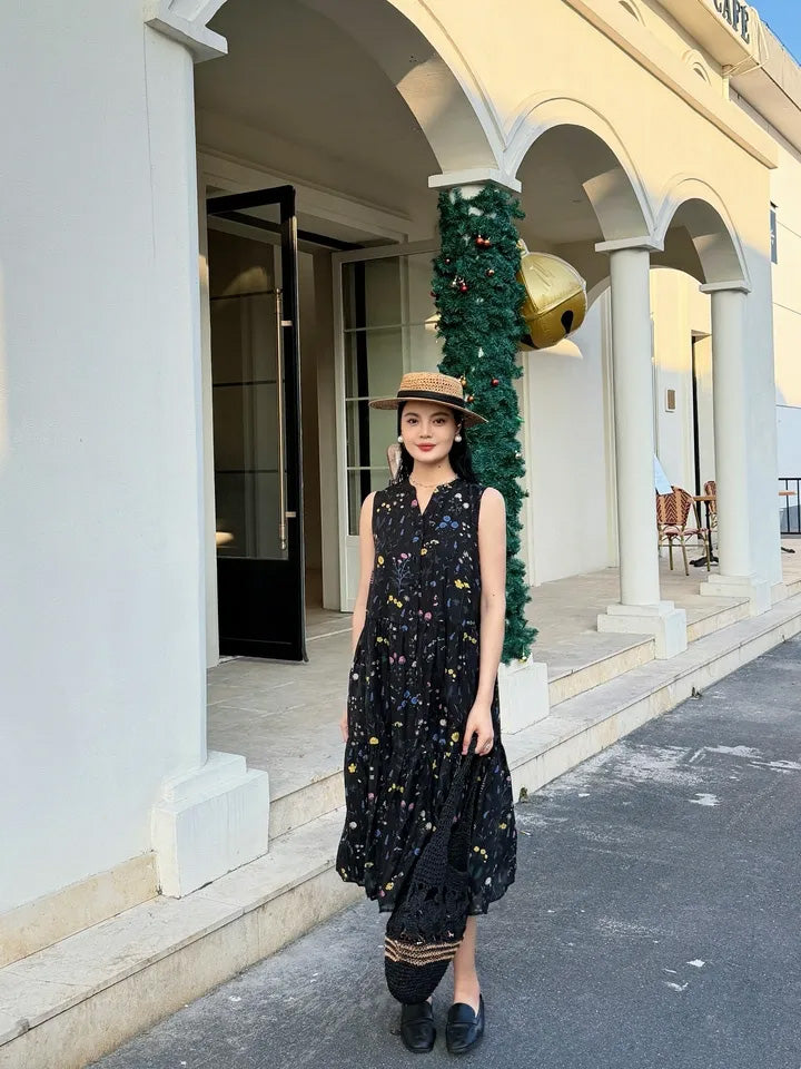 SHEVOV customer look featuring Black Midi Tiered V-Neck Sleeveless Floral Dress