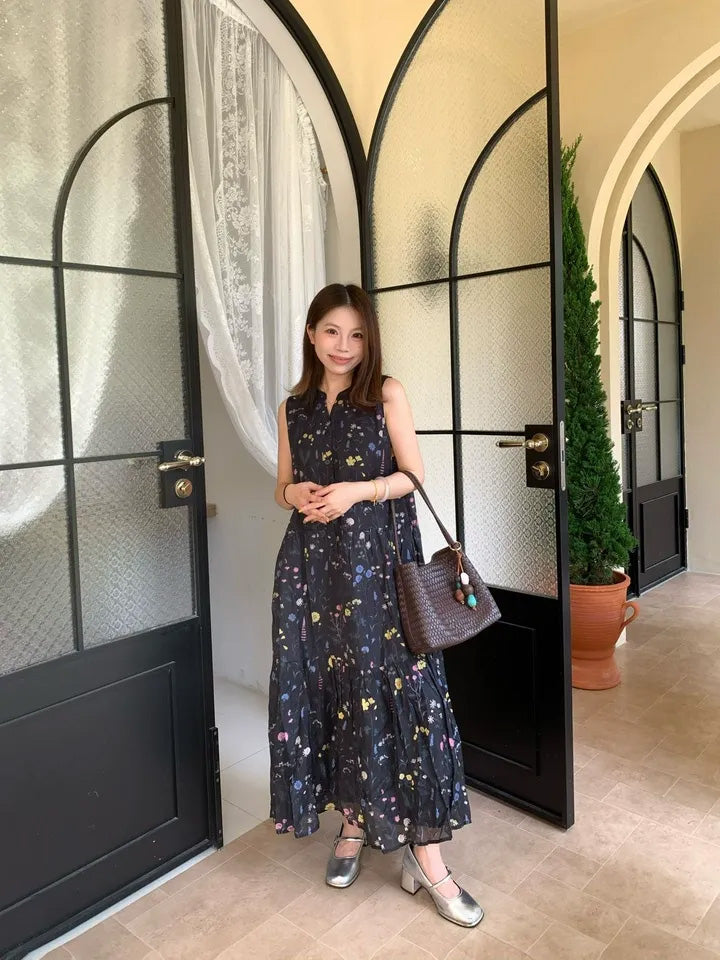SHEVOV customer look featuring Black Midi Tiered V-Neck Sleeveless Floral Dress