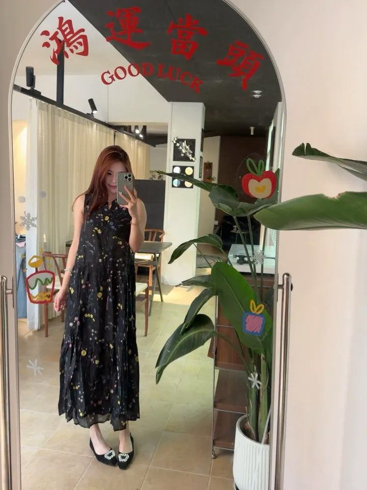 SHEVOV customer look featuring Black Midi Tiered V-Neck Sleeveless Floral Dress