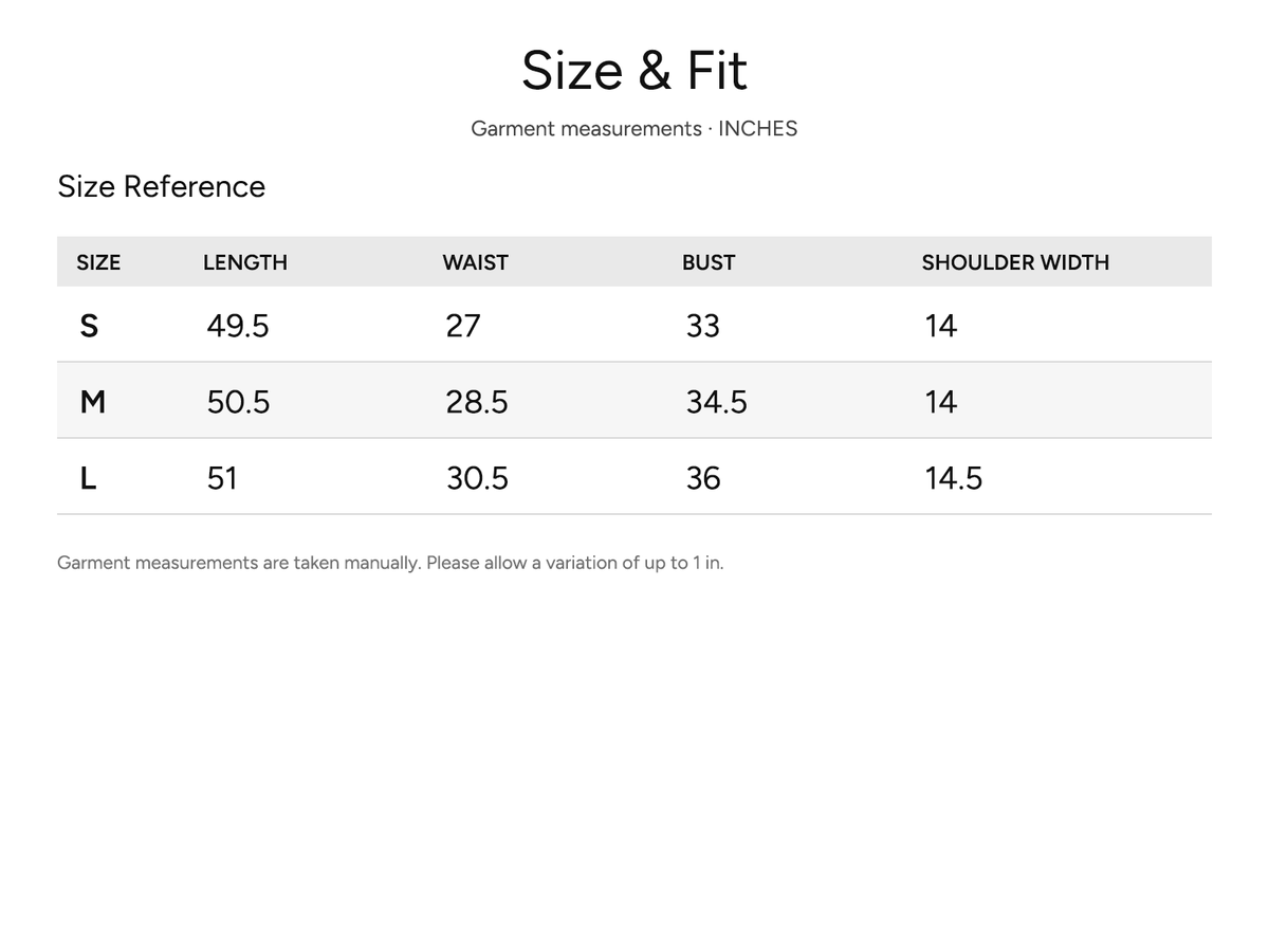 SHEVOV garment size and fit chart