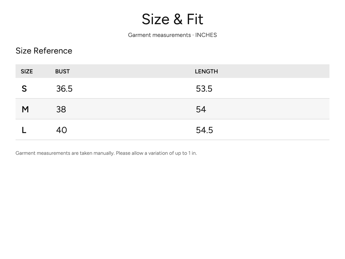 SHEVOV garment size and fit chart